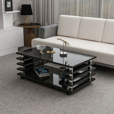 Couchtisch Schwarz Hochglanz 115 x 65 cm Tisch Wohnzimmertisch Sofatisch Rollen