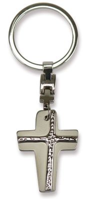 Metall-Schlüsselanhänger mit poliertem Ornament Kreuz Gesamtlänge 9 cm