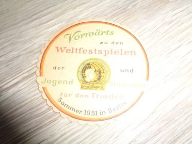 Untersetzer Papier 7cm Durchmesser mit Werbung Weltfestspiele 1951