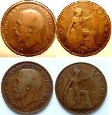 Großbritannien England Georgivs V one Penny 1912 o. 1916, Erhaltung: sehr gut, Bronze