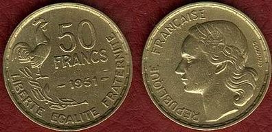 Frankreich: 50 Francs 1951 Münze, Erhaltung: sehr gut, Bronze-Aluminium, 8 gr., 27 mm