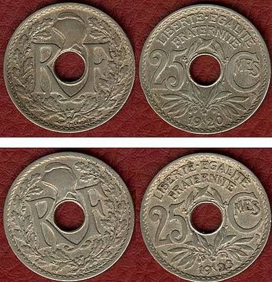 Frankreich: 25 Centimes 1920 + 1923, 2 Münzen, Erhaltung: sehr gut, Nickel, 5g, 24mm