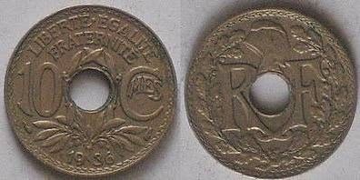 Frankreich: 10 Centimes 1936, Erhaltung: sehr gut, Material Kupfer-Nickel, 4 g, 21 mm