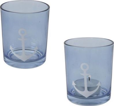 4 x Teelichthalter AnkerTeelicht maritim Glas blau NEU