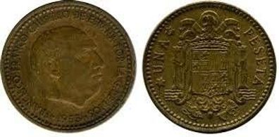 Spanien Münze: Una Peseta 1953, sehr gute Erhaltung, Francisco FRANCO, 21 mm, 3,5 gr.
