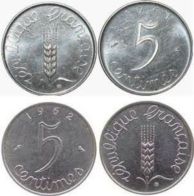 France Frankreich: 5 Centimes 1961 und 1962, wie neu, Material: Stahl, Gewicht: 3,5 G