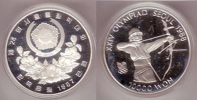 10000 Won Silber Münze Südkorea 1988 Olympiade Seoul Bogenschießen 1987