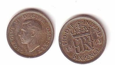 6 Pence Silber Münze Großbritannien 1943