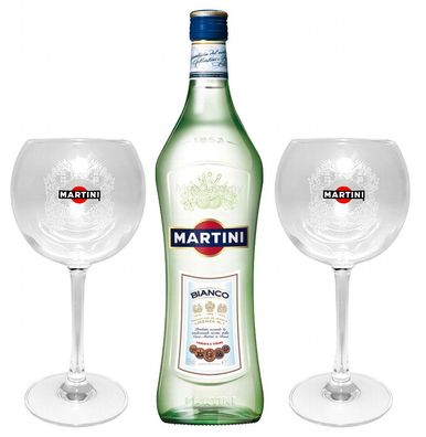 Martini Bianco 1,0l (14,4% Vol) + 2x Martini Ballon Gläser Glas Bar Longdrink