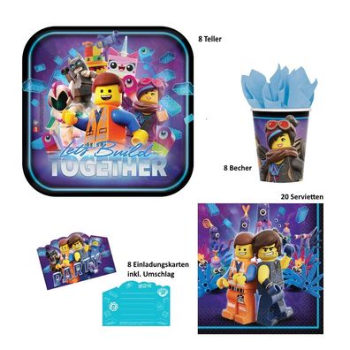 44 tlg. Party Set Lego The Movie 2 8 Personen Fest Geburtstag Geschirr Einladung