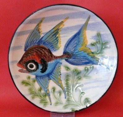 Vintage ausgefallene Signierte Keramik Wandteller fühlbare Fisch Motive Hand bemalt