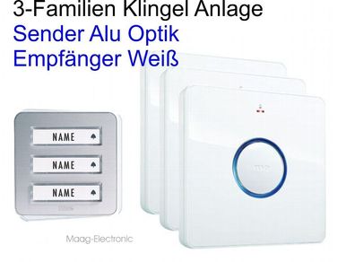 Funkklingel Komplett-Set m-e modern-electronics Bell 233 3-Familen Klingel Silb