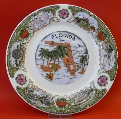 Vintage Porzellan Florida Andenken Wandteller mit Inseln Ansicht Landkarte