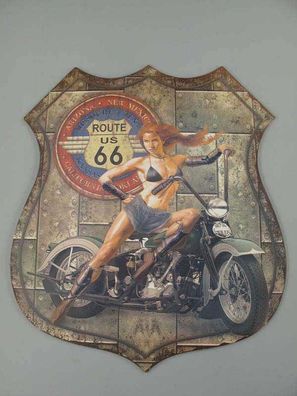 Blechschild, Reklameschild, Route 66 Pin Up Girl, Motorrad Wandschild 80x68 cm