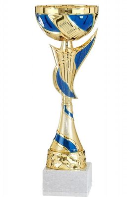 goldener Pokal mit verzierten Pokalfuss und Applikationen in blau