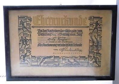 Ehrenurkunde Sieger Jugendwettkämpfe 1929 mit Faksimile Hindenburg gerahmt