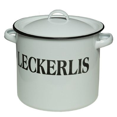 Emaille Topf, Deko Kochtopf, Bowlegefäß "Leckerlis" mit Deckel, weiß- schwarz