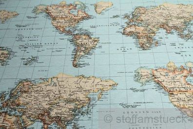 Stoff Baumwolle Polyester Weltkarte Landkarte Karte Kontinent Erde Welt