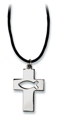 Kette Halskette Anhänger Kreuz Fisch Symbol Ichthys ausgestanzt Schmuck Silberfarben