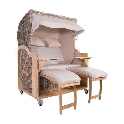 Strandkorb Kampen 2,5-Sitzer White Oak Beige UNI Polyrattan Volllieger Teakholz