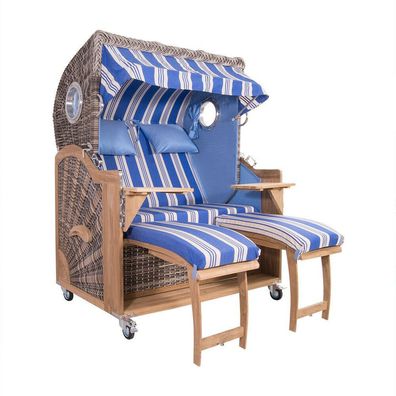 Strandkorb Kampen Spezial 2,5-Sitzer White Oak Blau Sport Polyrattan Teakholz