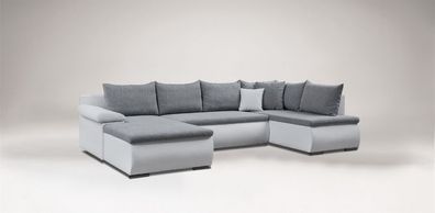 Couchgarnitur Camilla U-Form Kuntleder Weiss / Stoff Grau
