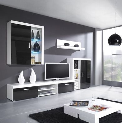 Wohnwand Schrankwand 4 tlg. YORK Schwarz-Weiss HGL mit LED-Beleuchtung