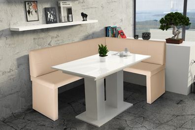 Eckbankgruppe 168x128 cm ROBIN L Creme / Esstisch DANTE Weiss HGL