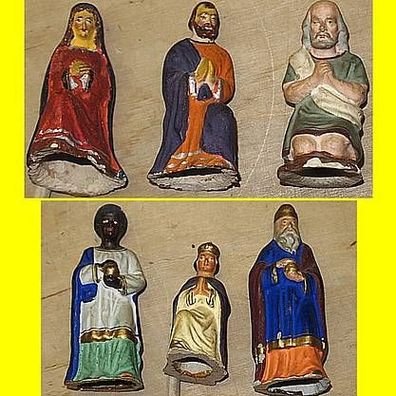 6 uralte Figuren vom Weihnachtsberg bis 11 cm - Maria + Josef + 3 Heilige Könige +