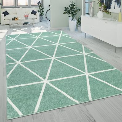Kurzflor Wohnzimmer Teppich Modern Geometrisches Design Rauten Muster In Grün