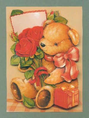 3D Karte Teddy-Bär mit roten Rosen und einem Päckchen