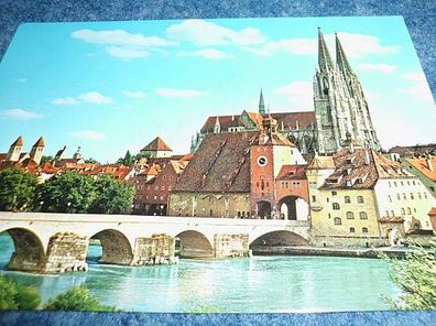 3940 / Ansichtskarte- Regensburg Steinerne Brücke und Dom St. Peter