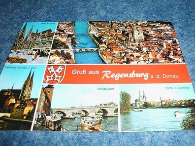 3943 / Ansichtskarte- Regensburg Luftaufnahme, Strudelfahrt, Donau, Steinerne Brücke,