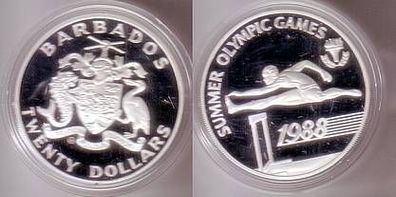 20 Dollar Silber Münze Barbados Sommer Olympiade Seoul 1988, Hürdenläufer