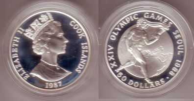 50 Dollar Silber Münze Cook Inseln Olympiade Seoul 1988 Fackelläufer, 1987