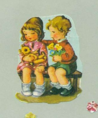 Neutrale Karte Kinder mit Blumen u. Teddy