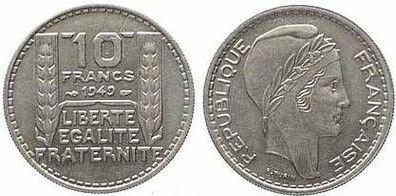 France Frankreich: 10 FRANCS 1949, wie neu, Material: Kupfer-Nickel, 7 Gramm, 26 mm