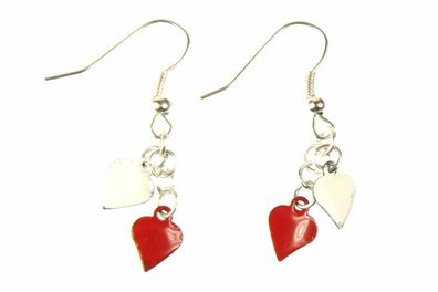 Emaille 2 Herzen Ohrringe Miniblings Hänger emailliert Herz Valentinstag rot wß