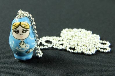 Matroschka Kette Halskette Miniblings 80cm Babuschka russ. Puppe Porzellan blau