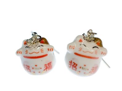 Katze Ohrringe Winkekatze Glückskatze Miniblings Maneki-neko weiß rot Porzellan