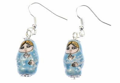 Matroschka Ohrringe Miniblings Hänger Babuschka russische Puppe Porzellan blau