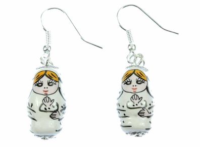 Matroschka Ohrringe Miniblings Hänger Babuschka russische Puppe Porzellan weiß