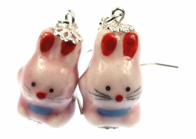Häschen Ohrringe Hasen Osterhase Miniblings Hänger Porzellan Keramik rosa Manga