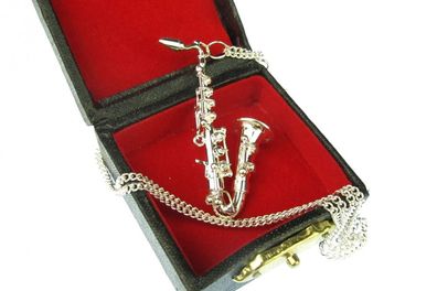 Saxofon Kette Saxofonkette Halskette Miniblings Saxophon versilbert 60cm + Box Sax
