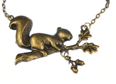 Eichhörnchen Kette Miniblings Halskette 50cm Grauhörnchen Nuss Baum Wald bronze