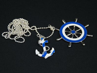 2er Anker Rettungsring Kette Halskette Miniblings 80cm Maritim blau weiß Emaille