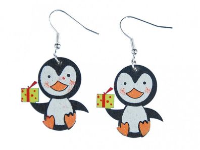 Pinguin Ohrringe Miniblings Weihnachten Nordpol Geschenk Holz schwarz grün flach