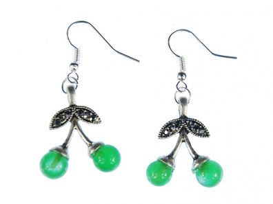 Kirschen Doppel Ohrringe Miniblings Hänger Silber Strass Grüne Perle Glas
