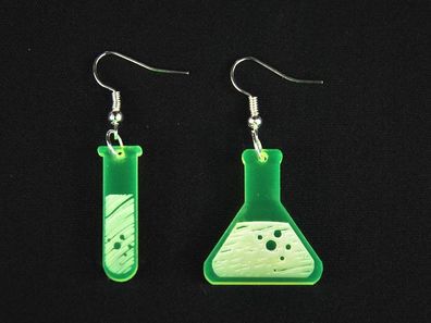 Reagenzglas Kolben Labor Ohrringe Miniblings Hänger Chemie Acrylglas neon grün