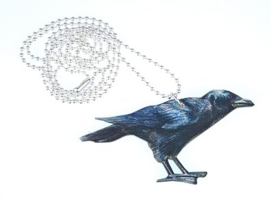 Rabe Kette Halskette Miniblings 80cm Vogel Krähe Tier Holz bedruckt Raben schwarz